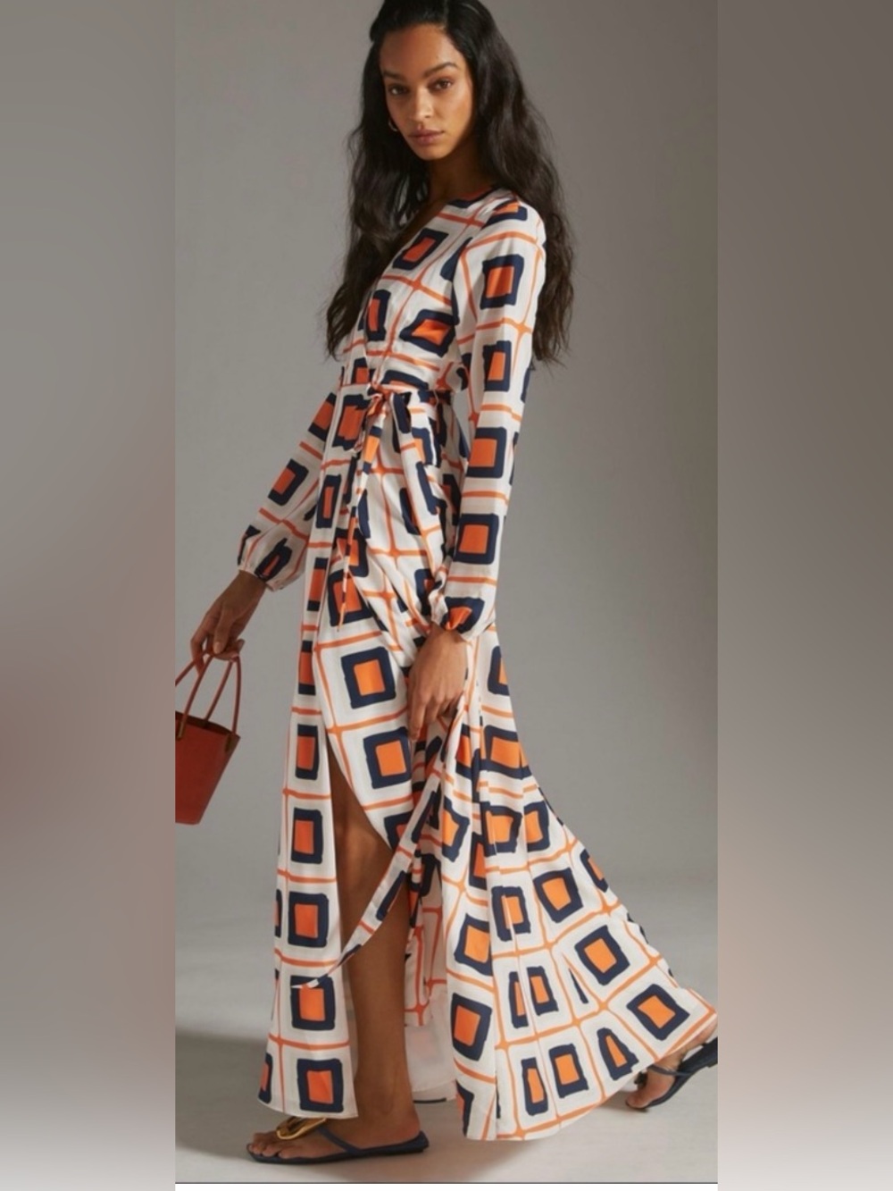 Hutch for Anthropologie Geo Wrap Maxi Dress Orange Navy Geometric Size M